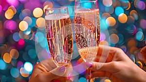 Celebration toast.Champagne glasses with golden and pastel glitter decoration and pink background. Celebration party