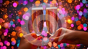 Celebration toast.Champagne glasses with golden and pastel glitter decoration and pink background. Celebration party