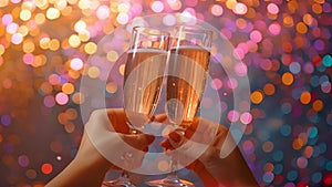 Celebration toast.Champagne glasses with golden and pastel glitter decoration and pink background. Celebration party