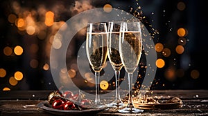 Celebration toast with three champagne glasses .New Year\'s cards