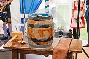 Celebration of the traditional German beer festival Oktoberfest. The beer barrel is a holiday symbol before its breaking