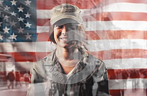 Celebration in the USA. Portrait of a smiling female soldier posing against the background of the American flag. Double exposure