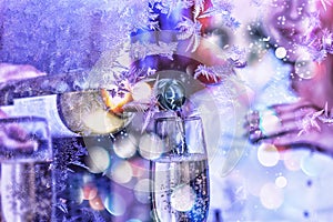 Celebration. Valentine`s Day. Sommelier or waiter pours white wine in a glass. New Year, Christmas.