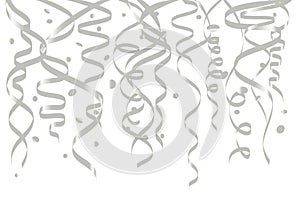 Celebration white background template with confetti and silver ribbons. Vector illustration