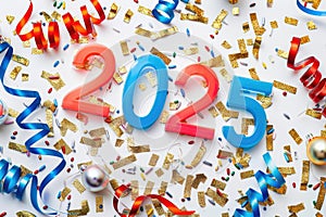 Celebratory 2025 New Year Confetti Explosion in Colorful Background