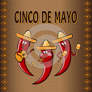 Celebratory background Cinco De Mayo, with three cartoon peppers