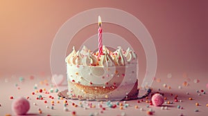 Celebratory Birthday Cake with a Single Candle Representing a Special Moment - AI Generated