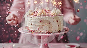 Celebratory birthday cake with sparklers and sweets on a stand