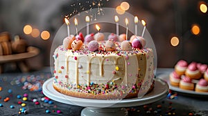 Celebratory birthday cake with sparklers and sweets on a stand