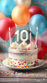Celebratory cake with 10 candle, balloons, decorations on blurred background for special event