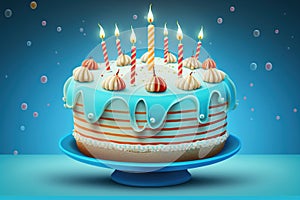 A celebratory cake, with burning blue birthday candles atop a delicious dessert to mark an important anniversary event. Ai