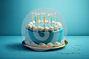A celebratory cake, with burning blue birthday candles atop a delicious dessert to mark an important anniversary event. Ai