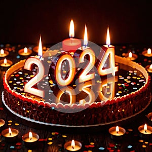 Celebratory cake with candles and wording 2024