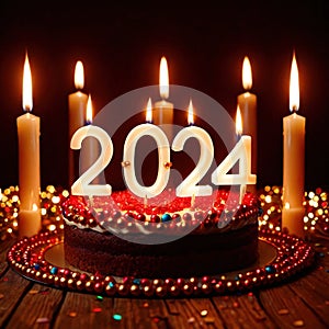 Celebratory cake with candles and wording 2024