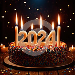 Celebratory cake with candles and wording 2024