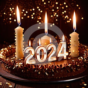 Celebratory cake with candles and wording 2024