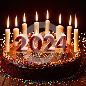 Celebratory cake with candles and wording 2024