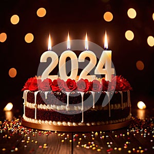 Celebratory cake with candles and wording 2024