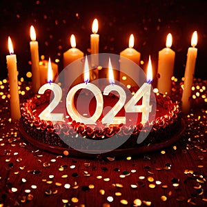 Celebratory cake with candles and wording 2024