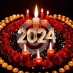 Celebratory cake with candles and wording 2024