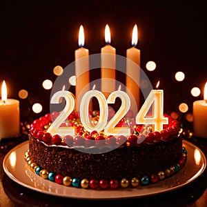 Celebratory cake with candles and wording 2024