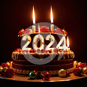 Celebratory cake with candles and wording 2024