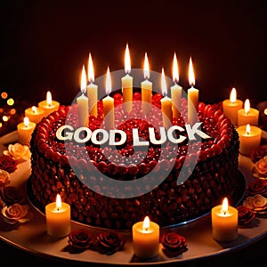 Celebratory cake with candles and wording Good Luck