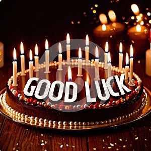 Celebratory cake with candles and wording Good Luck