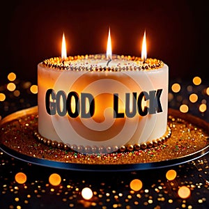 Celebratory cake with candles and wording Good Luck