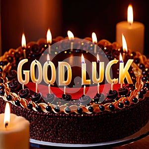 Celebratory cake with candles and wording Good Luck