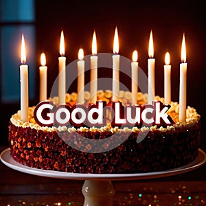 Celebratory cake with candles and wording Good Luck