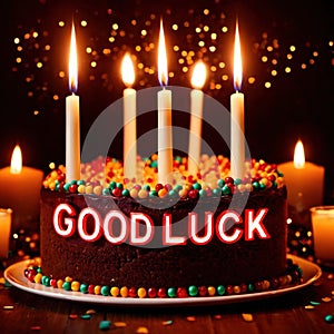 Celebratory cake with candles and wording Good Luck