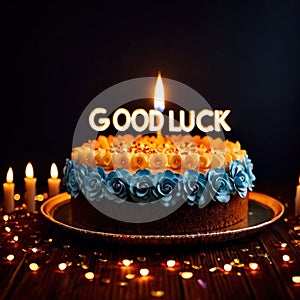 Celebratory cake with candles and wording Good Luck