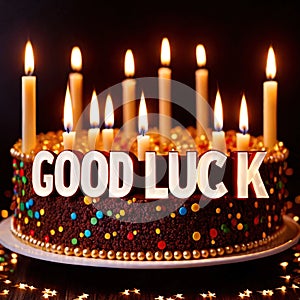 Celebratory cake with candles and wording Good Luck