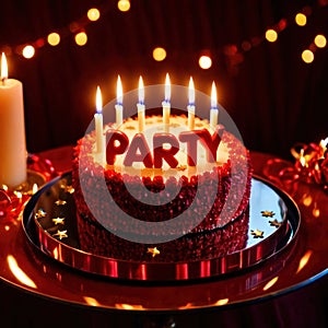 Celebratory cake with candles and wording Party