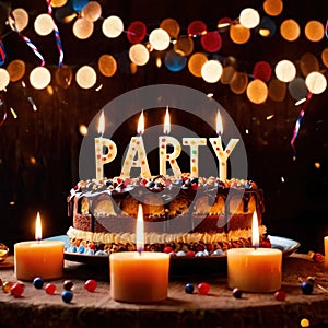 Celebratory cake with candles and wording Party