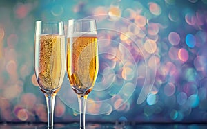 Celebratory Champagne Toast with Colorful Bokeh Background