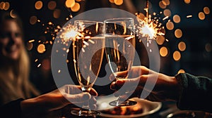 Celebratory Champagne Toast with Sparklers in Festive Ambiance. GenerativeAI
