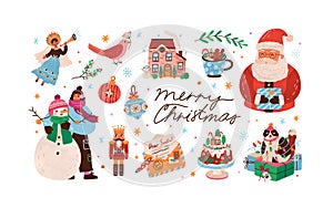 Celebratory christmas set with decorations, snowman and santa claus. Xmas cute nutcracker, cat, angel, letter, cake and