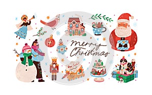 Celebratory christmas set with decorations, snowman and santa claus. Xmas cute nutcracker, cat, angel, letter, cake and photo
