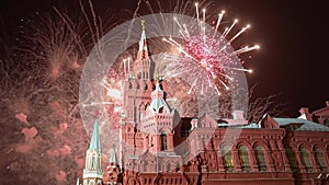 Celebratory colorful fireworks and State Historical Museum. Moscow, Russia