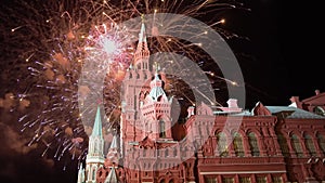 Celebratory colorful fireworks and State Historical Museum. Moscow, Russia