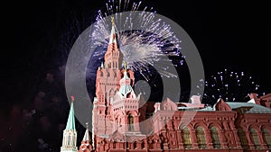 Celebratory colorful fireworks and State Historical Museum. Moscow, Russia