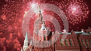 Celebratory colorful fireworks and State Historical Museum. Moscow, Russia