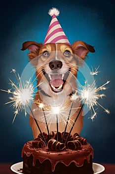 Celebratory Dog Wearing Party Hat with Sparklers and Chocolate Cake on Blue Background