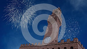 Celebratory fireworks for new year over Signoria palace in Florence