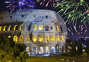 Celebratory fireworks over Collosseo. Italy. Rome