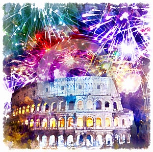 Celebratory fireworks over Collosseo. Italy. Rome
