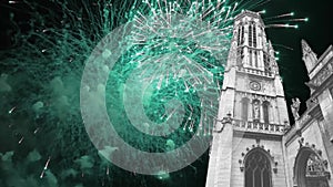 Celebratory fireworks over the gothic church of Saint Germain l´Auxerrois (4K, time lapse, with zoom), Paris, France