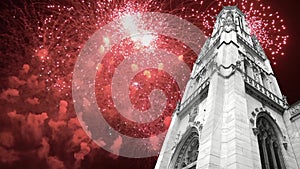 Celebratory fireworks over the Great gothic church of Saint Germain l´Auxerrois, Paris, France